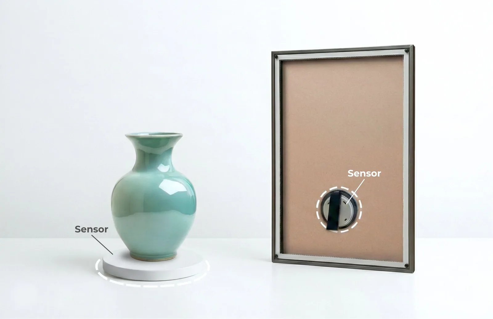 Artwork Protection Sensors shown beneath a sculpture and behind a framed painting