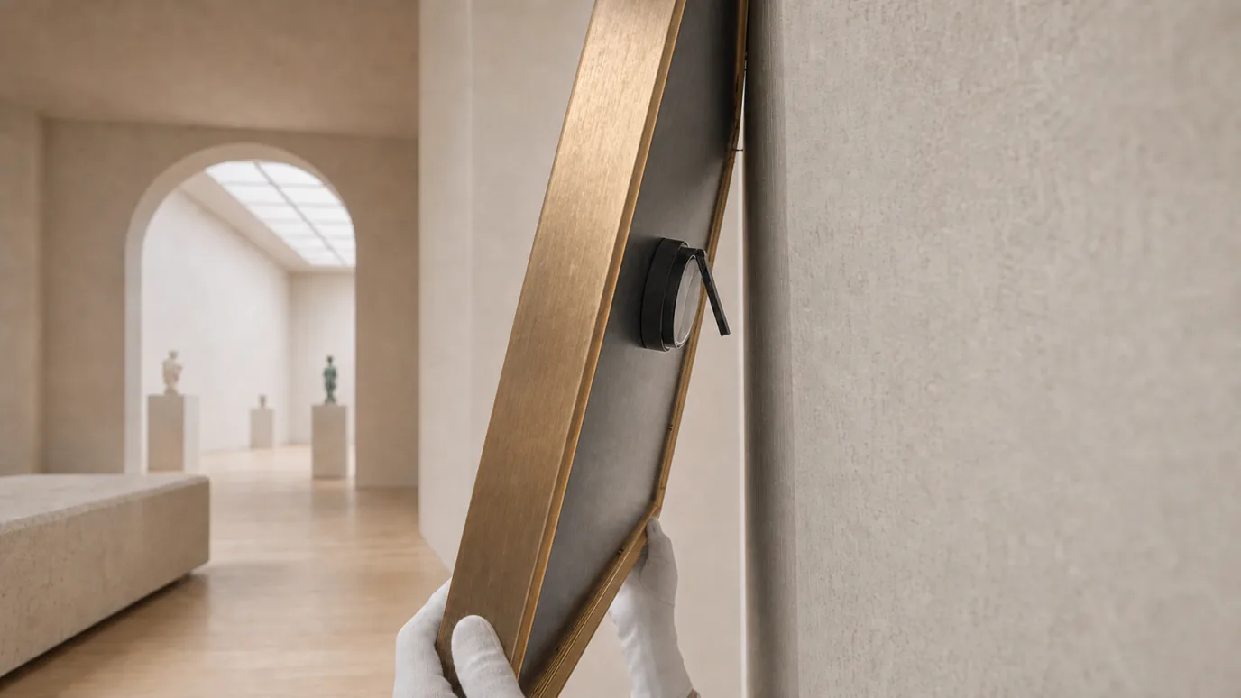 畫作保護感應器 attached behind a lifted frame with the hinged lever released toward the wall
