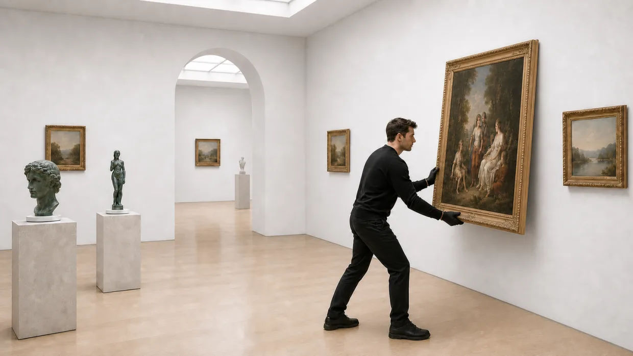 A painting being moved in a protected gallery