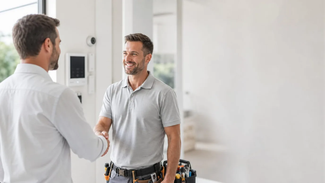 A security installer discussing a residential project with a client