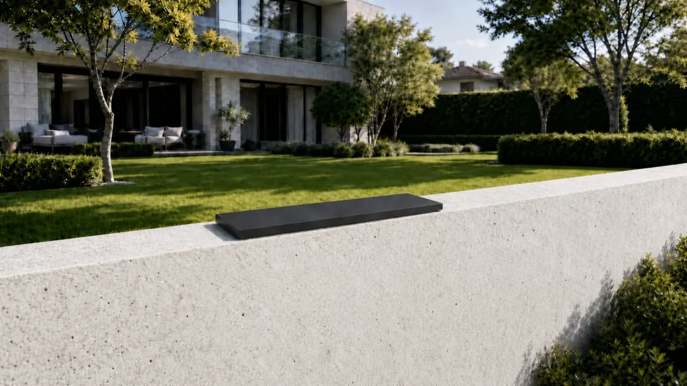 Apeiron Guard wall-top security sensor installed on a residential perimeter wall
