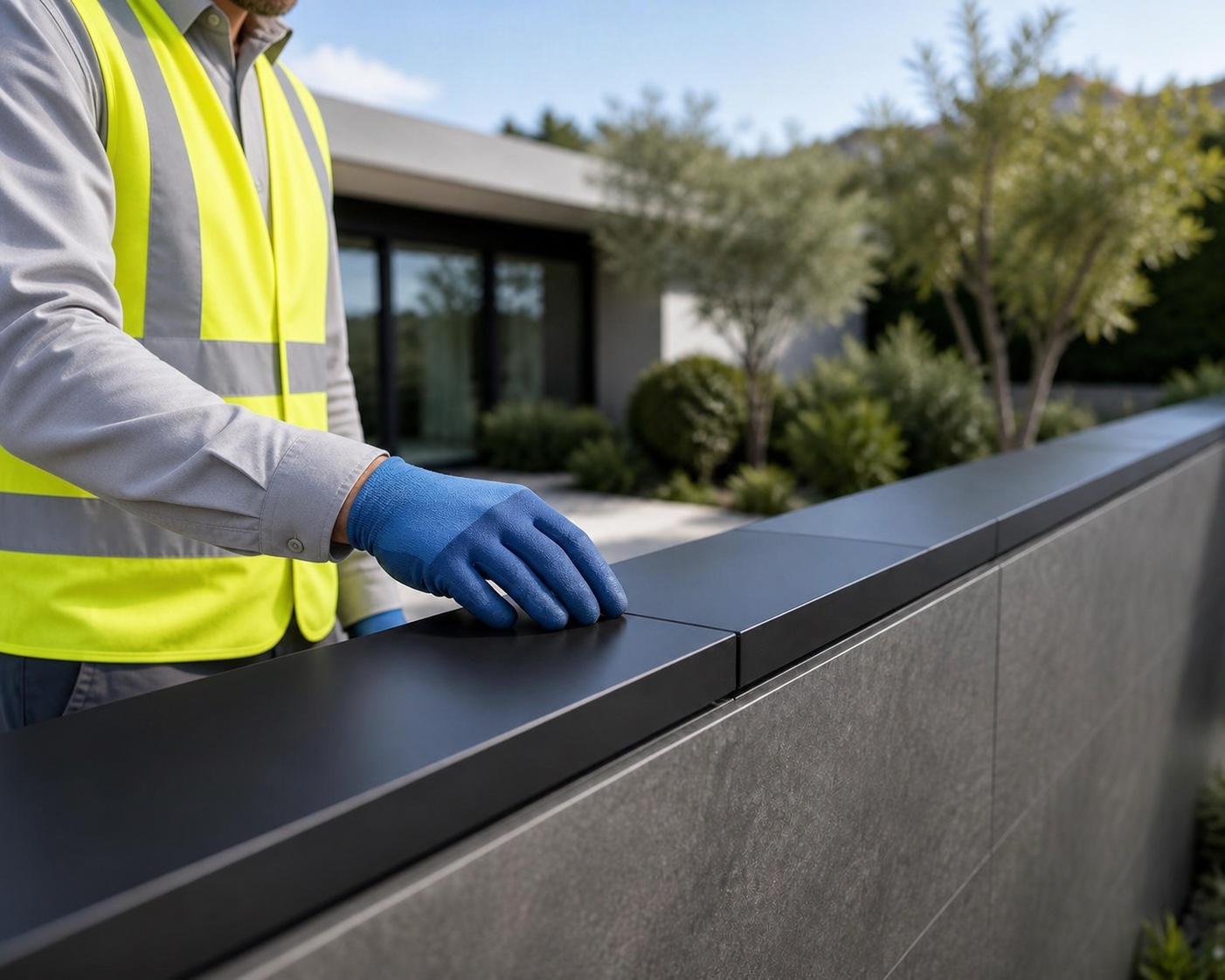 Professional security installer inspecting an Apeiron Guard wall-top climb detection sensor