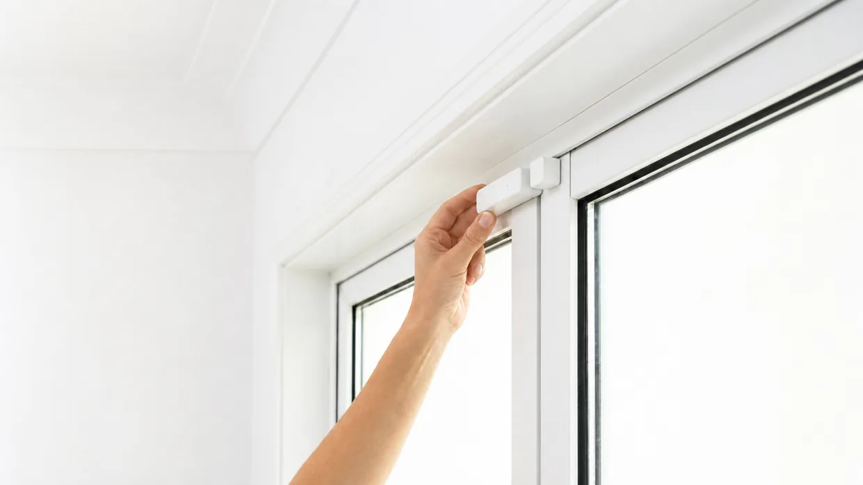 Installer placing an Apeiron Guard Door and 窗感應器 on a bright white window frame