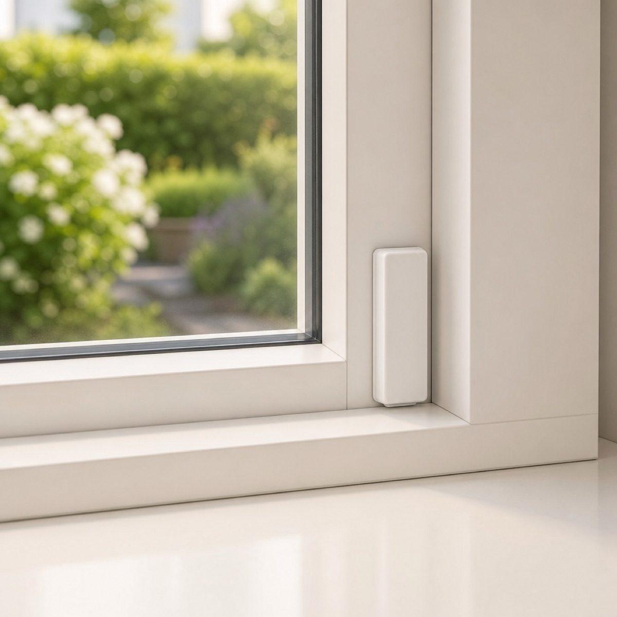 Installer placing an Apeiron Guard Door and 窗感應器 on a window frame