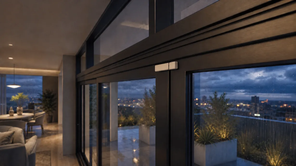 Apeiron Guard Door and 窗感應器 installed above a modern glazed entry at night