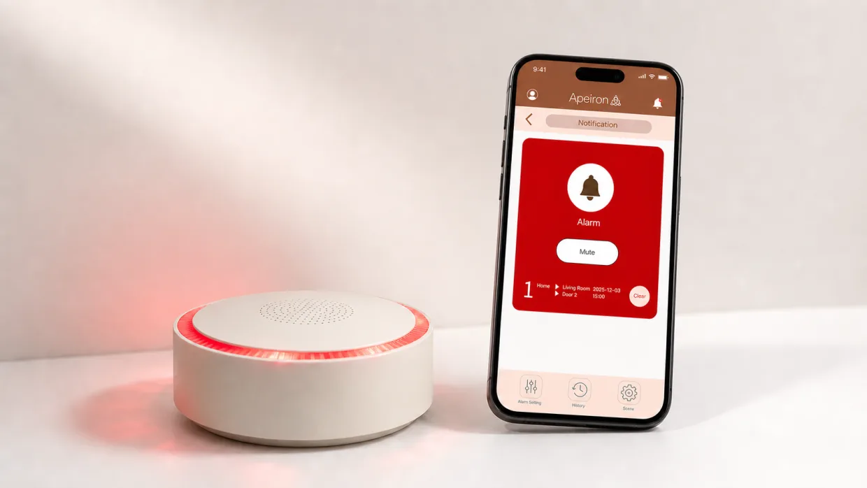 Apeiron Guard 迷你警報主機發出警號，旁邊手機應用程式顯示實時門警報