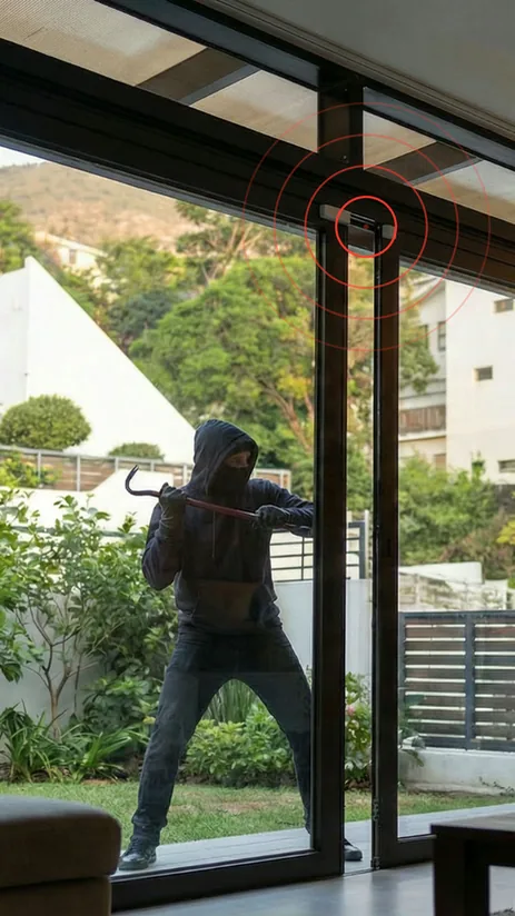 Intruder attempting to break in through a protected sliding door while an Apeiron Guard door sensor transmits an alert