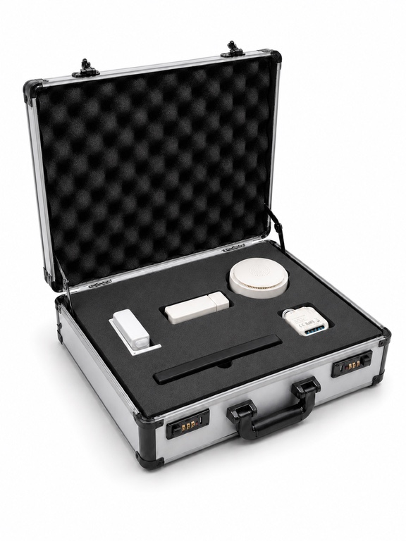 Open Apeiron Guard partner evaluation kit with a Mini Alarm Hub, Wireless I/O Module, window sensor, door sensor, and smaller wall-top sensor sample