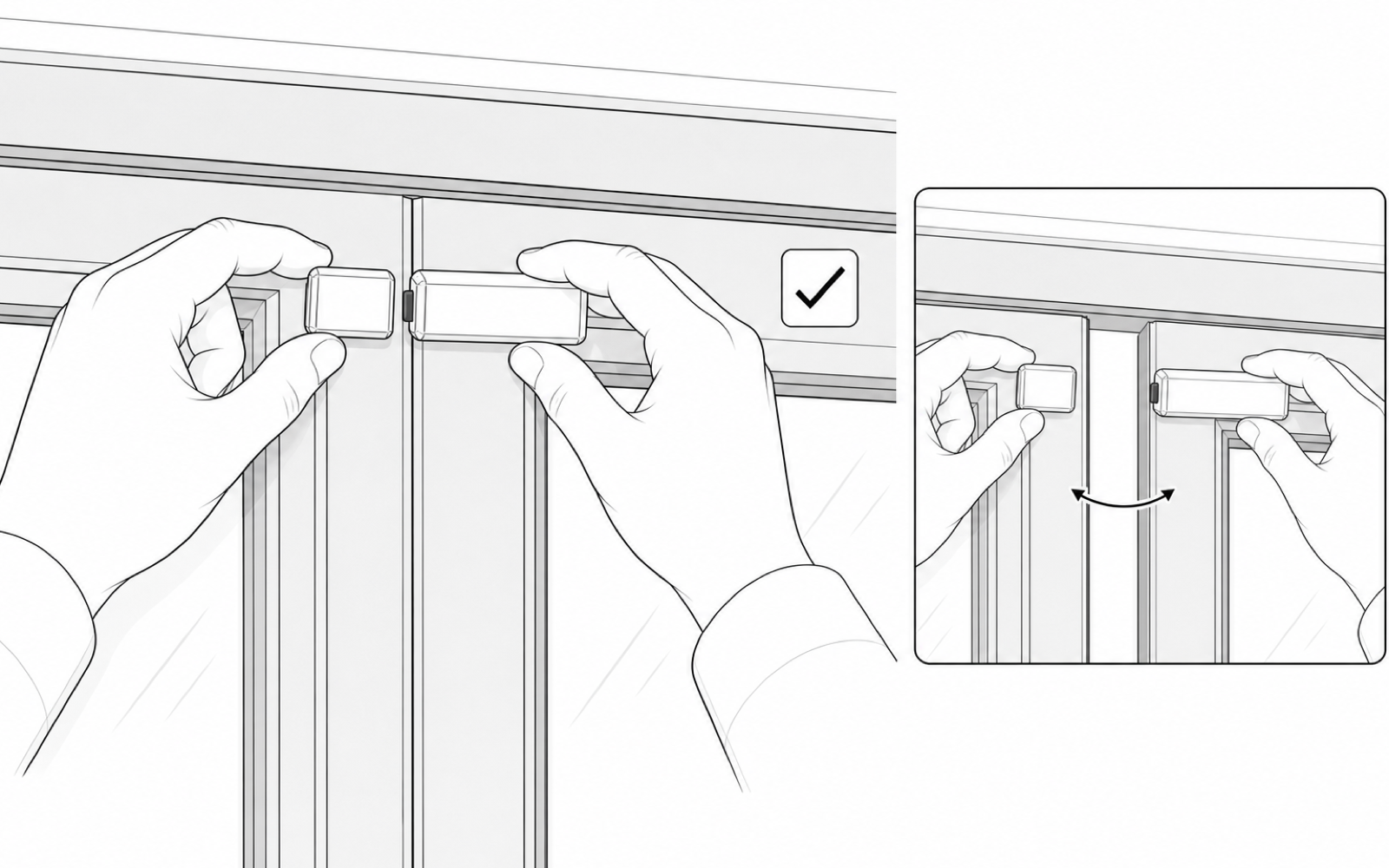 Black-and-white installation illustration showing the Door Sensor parts temporarily held in alignment and checked through the door movement