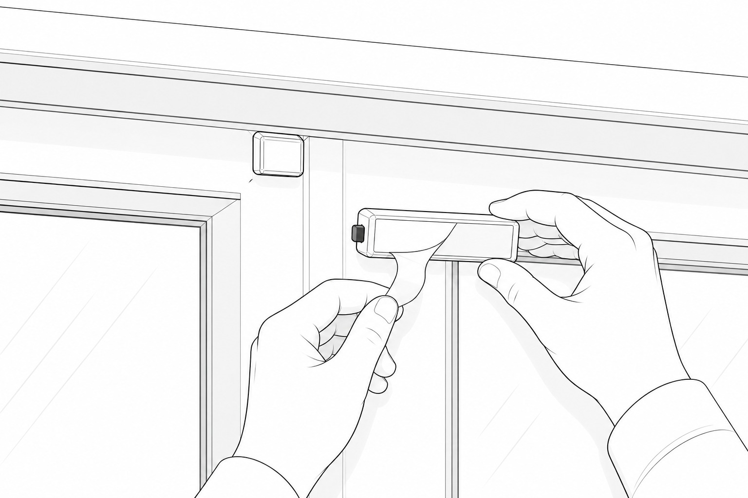 Black-and-white installation illustration showing the protective adhesive liner being removed from the Door Sensor