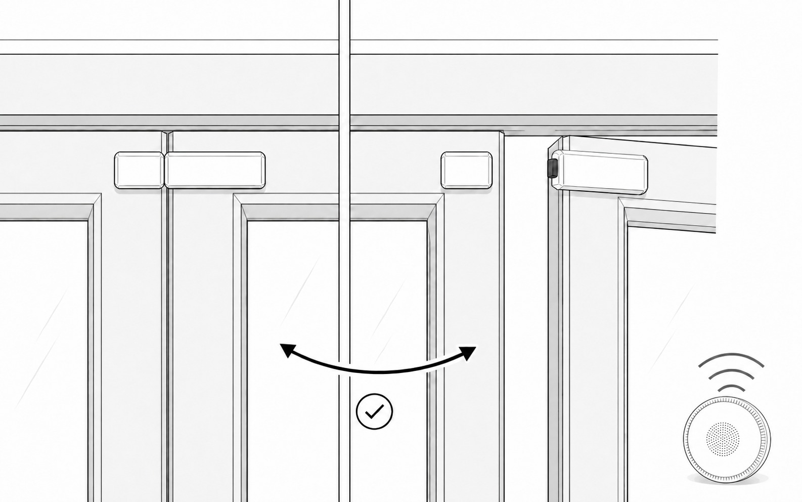 Black-and-white installation illustration showing the closed and open Door Sensor states and the wireless event reaching the alarm hub