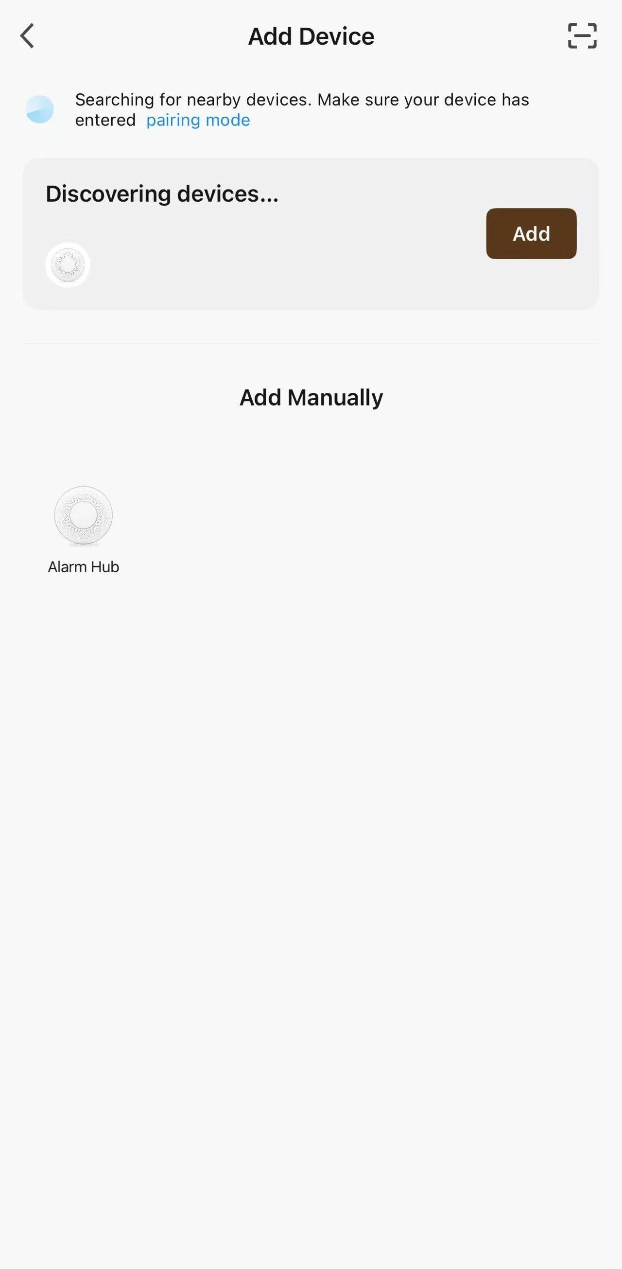 Add Device 畫面正在搜尋迷你警報主機