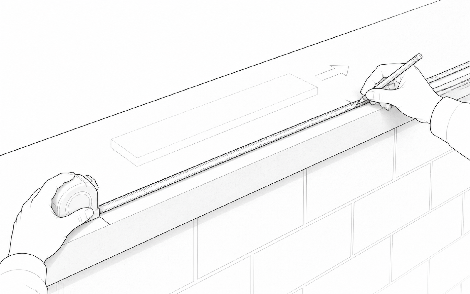 Black-and-white installation illustration showing an installer measuring and marking a straight wall-top sensor run