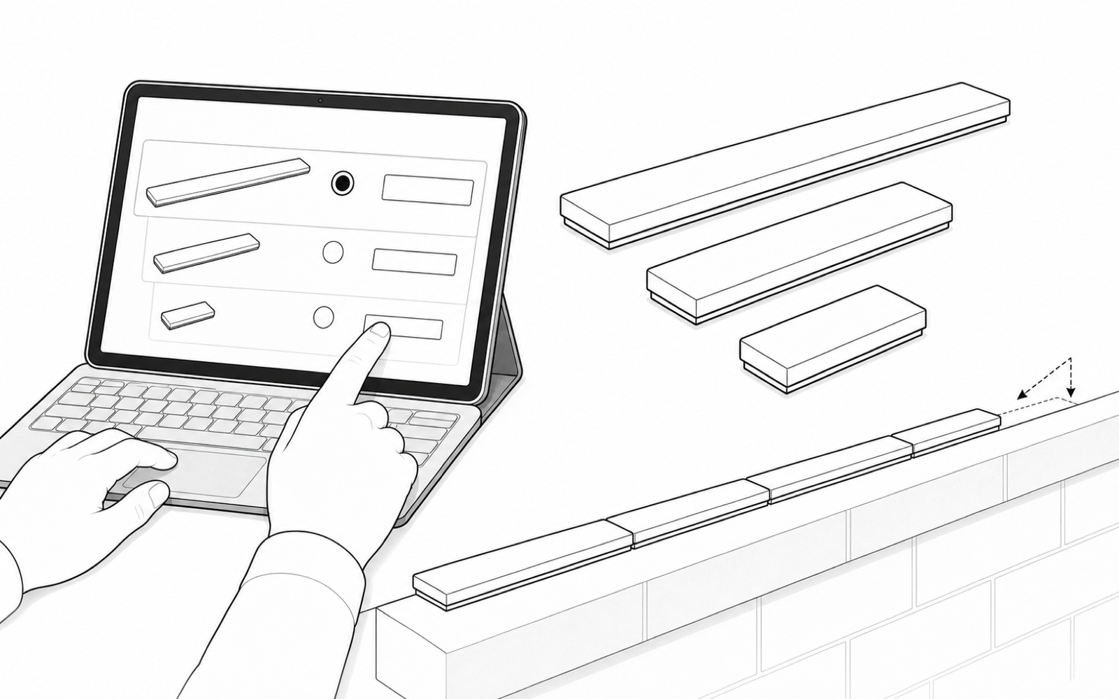 Black-and-white installation illustration showing an installer ordering standard and shorter Wall Top Sensor lengths to match a measured wall run