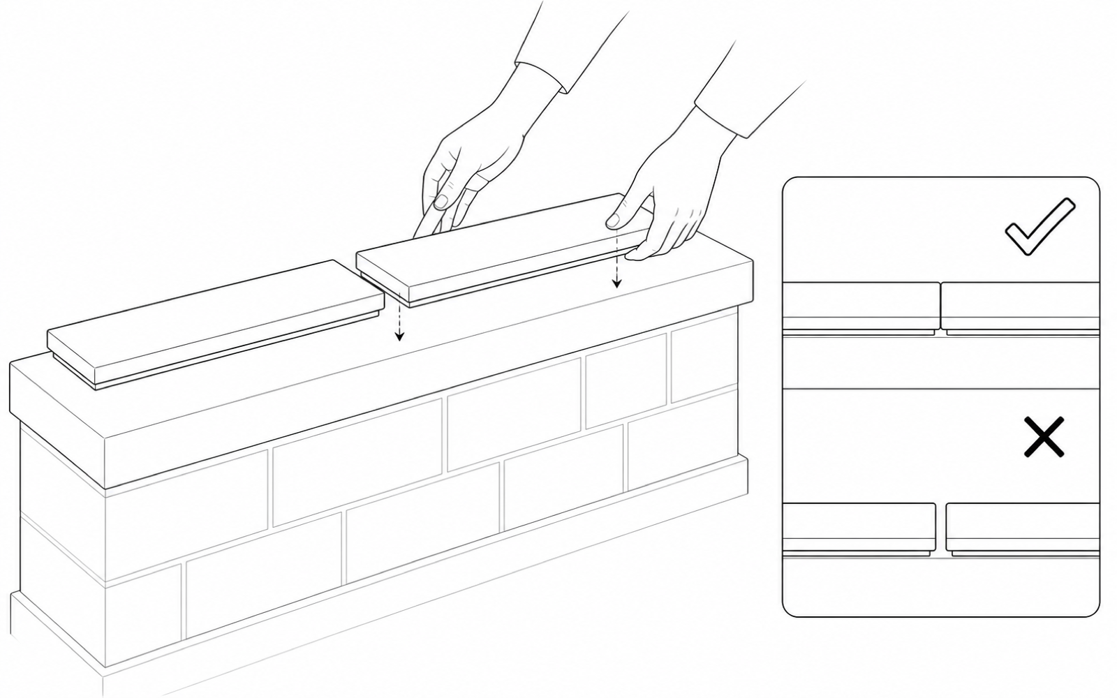 Black-and-white installation illustration showing Wall Top Sensor units placed level with the required minimum 2 mm gap