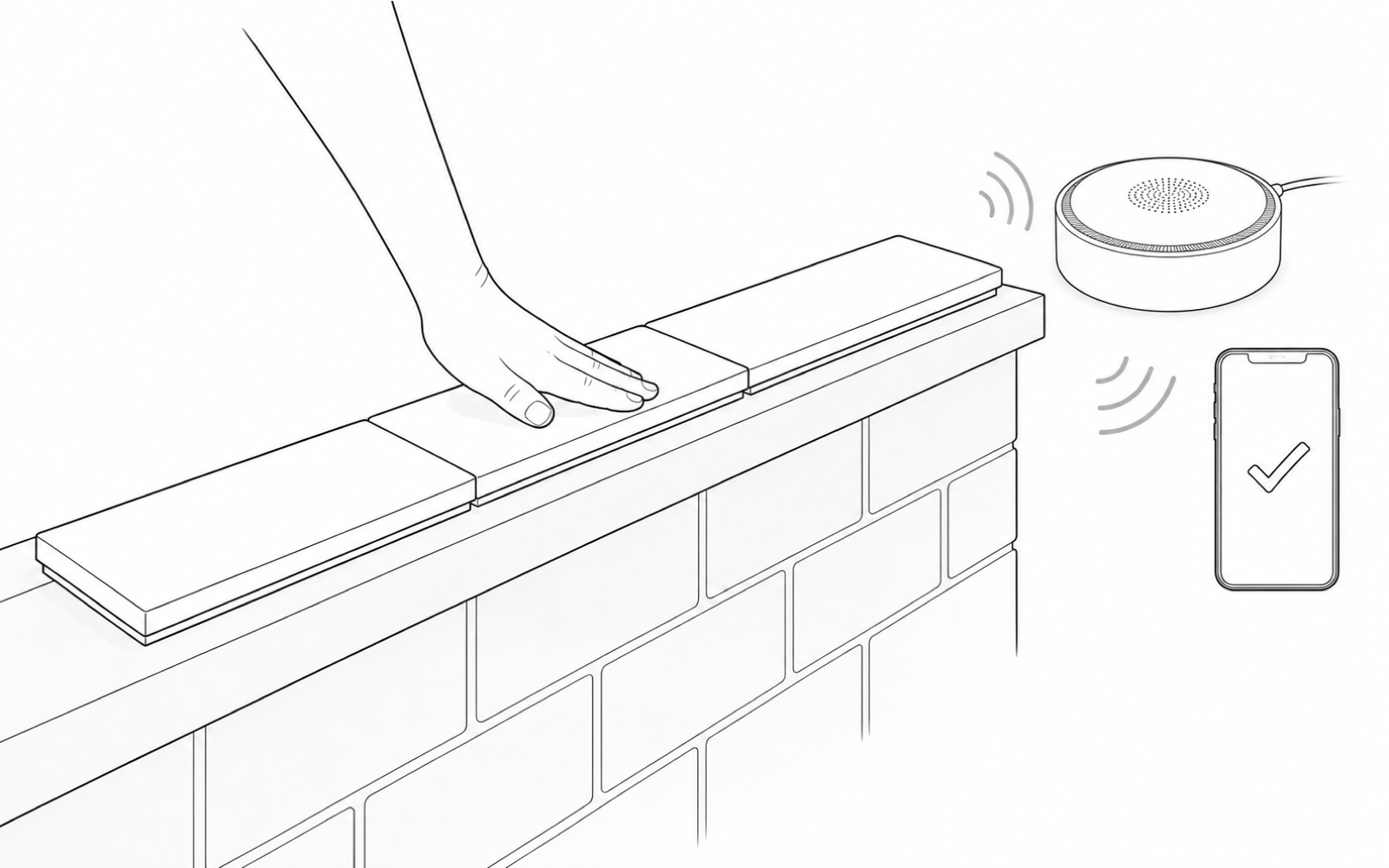 Black-and-white installation illustration showing an installed Wall Top Sensor pressed and its wireless event confirmed by the Apeiron Mini Alarm Hub and phone