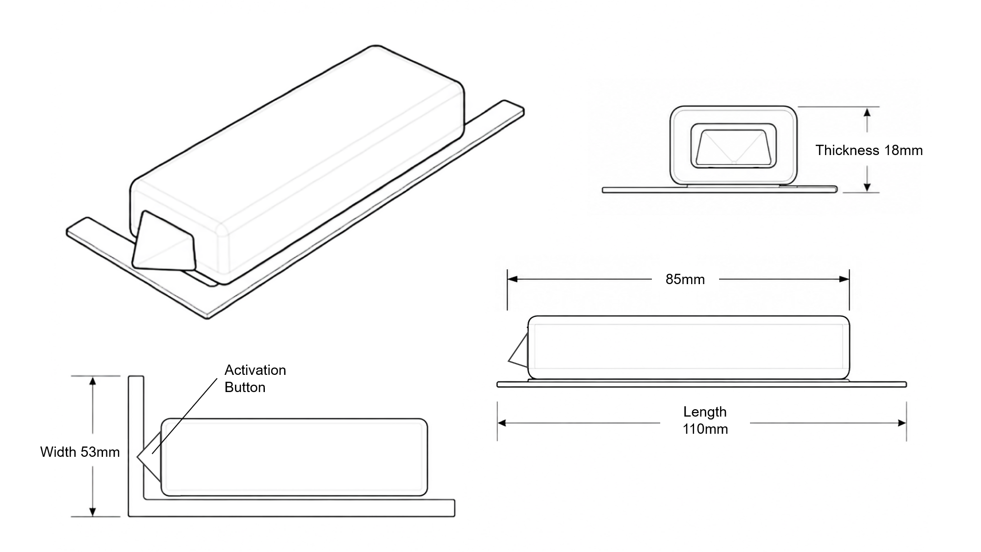 Apeiron Guard 窗戶感應器核准技術尺寸圖，顯示觸發按鈕及 110 × 53 × 18 mm 整體安裝尺寸