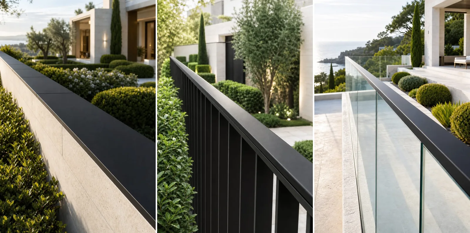 Apeiron Guard 攀爬偵測 sensor shown across wall-top, fence-top, and glass balustrade perimeter surfaces