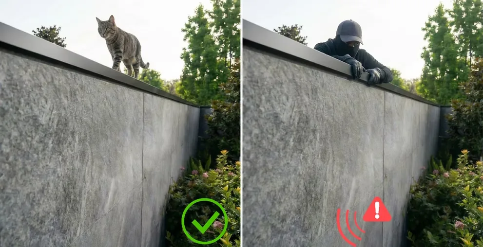 Reliable Apeiron Guard 攀爬偵測 sensor comparison showing small animal ignored and intruder climb attempt detected