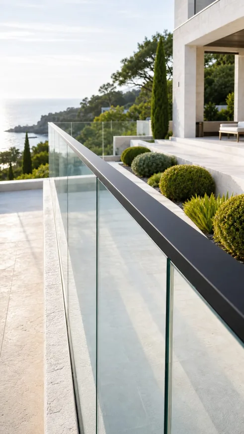 玻璃欄河感應器 installed on a modern glass balustrade with sea-view villa background
