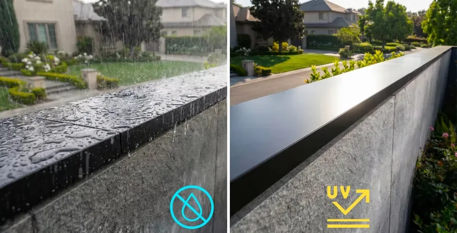 Weather proof Apeiron Guard wall-top sensor shown resisting rain and UV sunlight on an outdoor perimeter wall